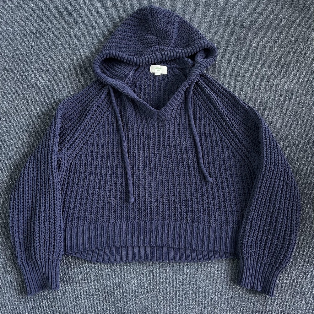 Aerie Sweater Womens Extra Small Blue Hooded Knit Cropped Pullover Chunky V Neck